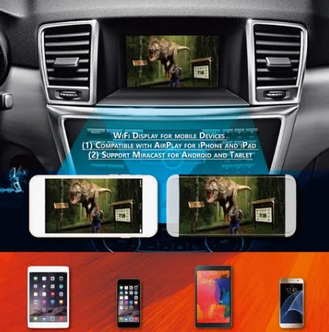 Black car mirror link box Wi-Fi converter with power cable, AV cable, and antenna for smartphone screen mirroring.