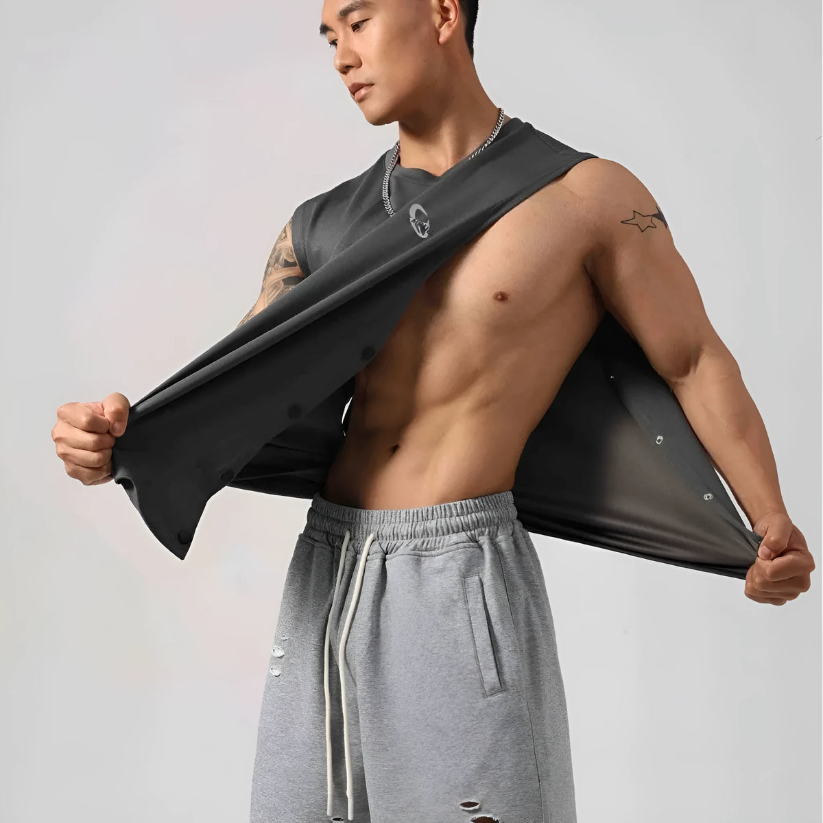 Men's grey Korean style cotton fitness vest showing hidden side hook opening detail.