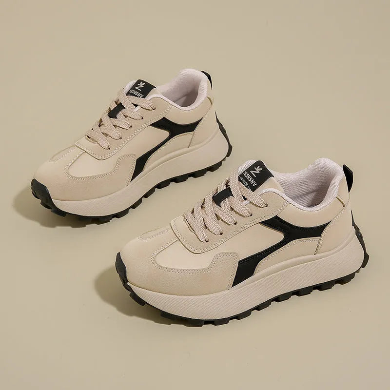 Women's low-top platform casual shoes in card black, khaki red, or white grey with lace-up front and rubber sole.