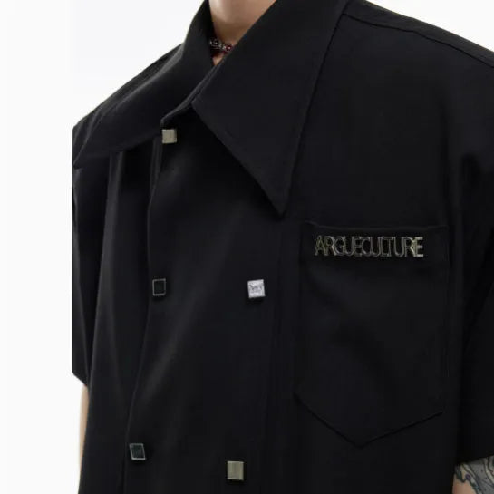 Men's loose fit short-sleeved summer shirt with lapel collar and spliced detailing