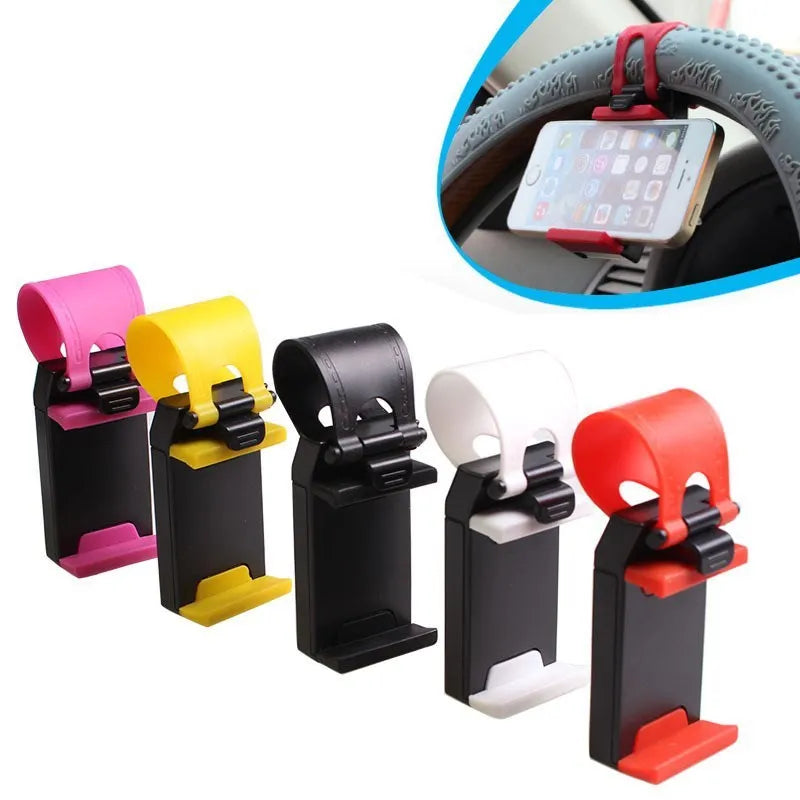 Black steering wheel phone mount with elastic clip and silicone padding for smartphones