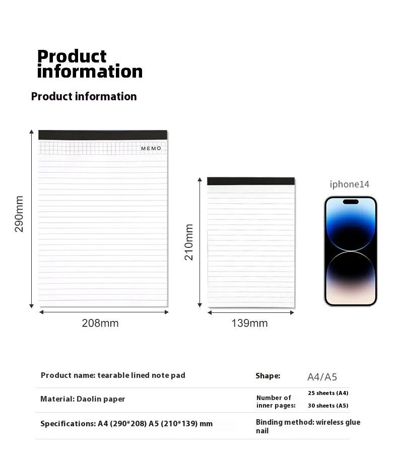 A4 tearable meeting notebook with grid design cover and wireless adhesive binding
