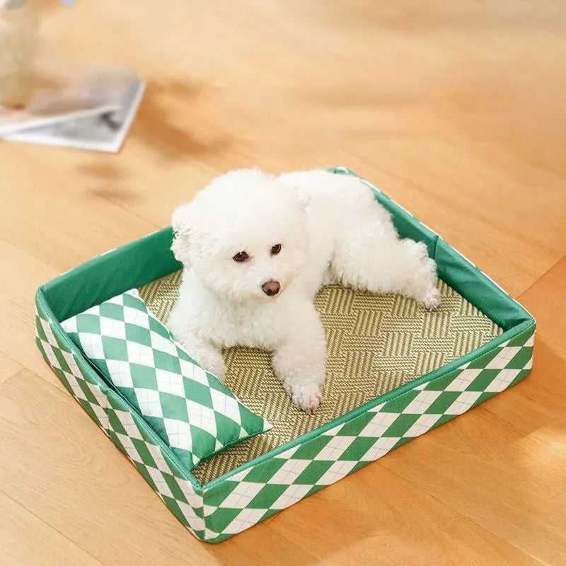 Blue rattan cat litter mat with bamboo frame serving as elevated cooling bed