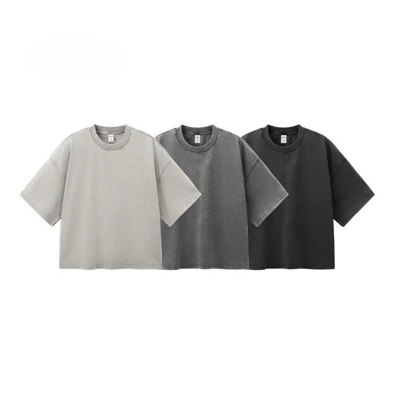 Men's washed-out vintage cotton T-shirt loose fit drop-shoulder sleeves khaki light colour