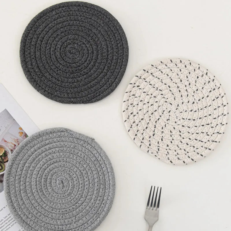 Three round cotton cord coasters in chosen colour with 18cm diameter measurement