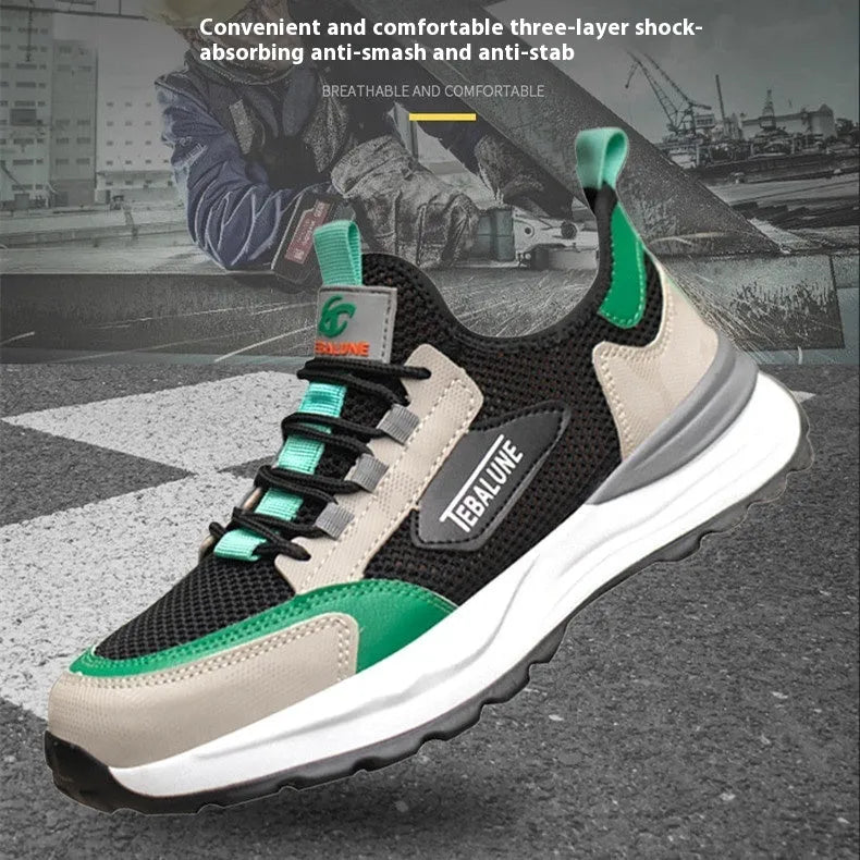 Black green plastic steel toe anti-smash work shoe with mesh upper on a TPU sole