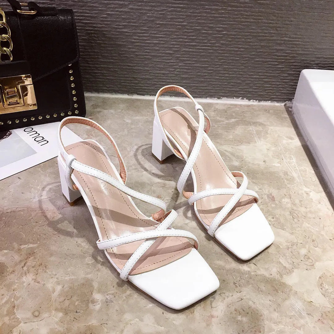 Women's white thick heel sandals with super high 8cm heel and side ventilation design