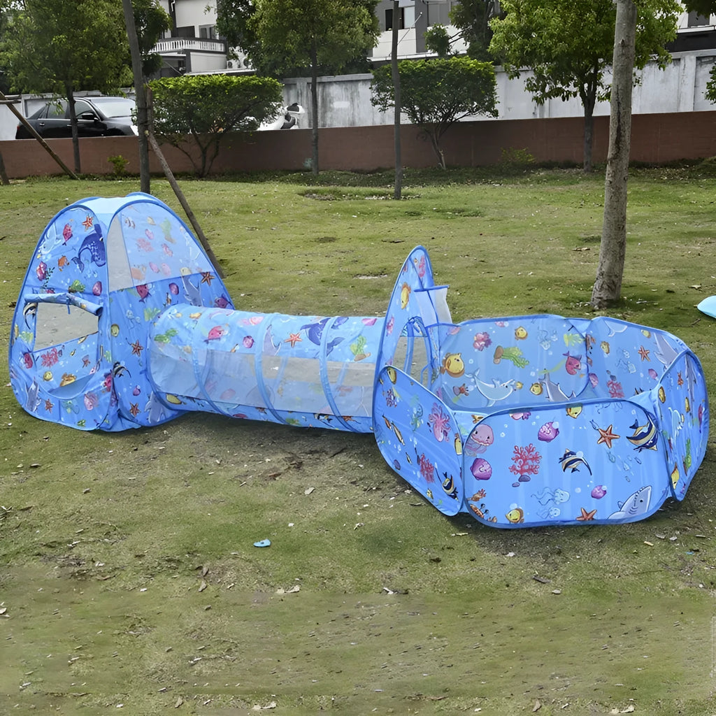 Three-in-one children's play tent centre with ball pool and tunnel in marine cartoon theme