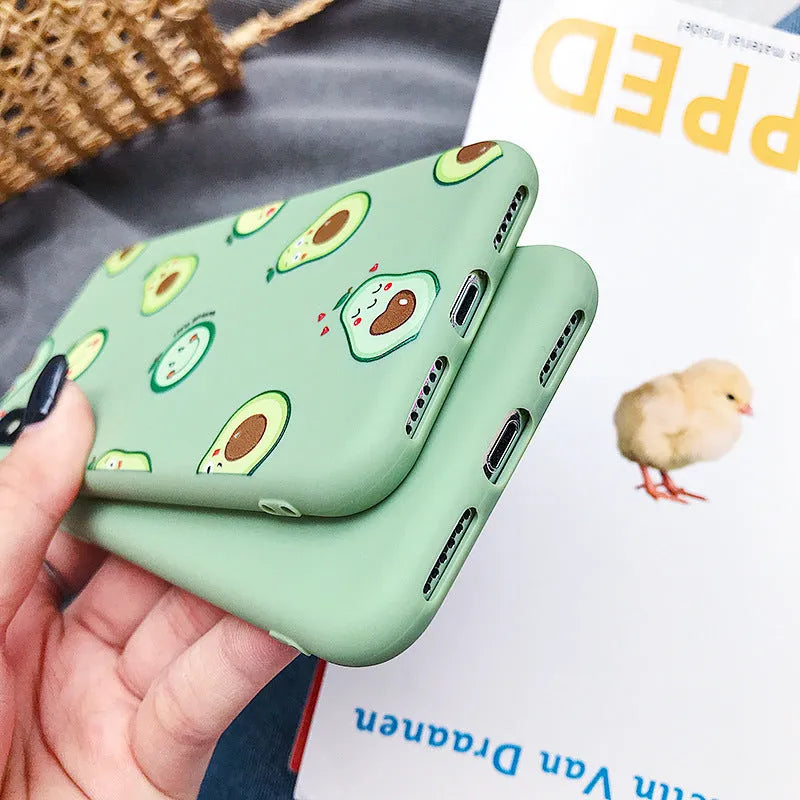 Avocado cartoon design on a green TPU smartphone back cover case.
