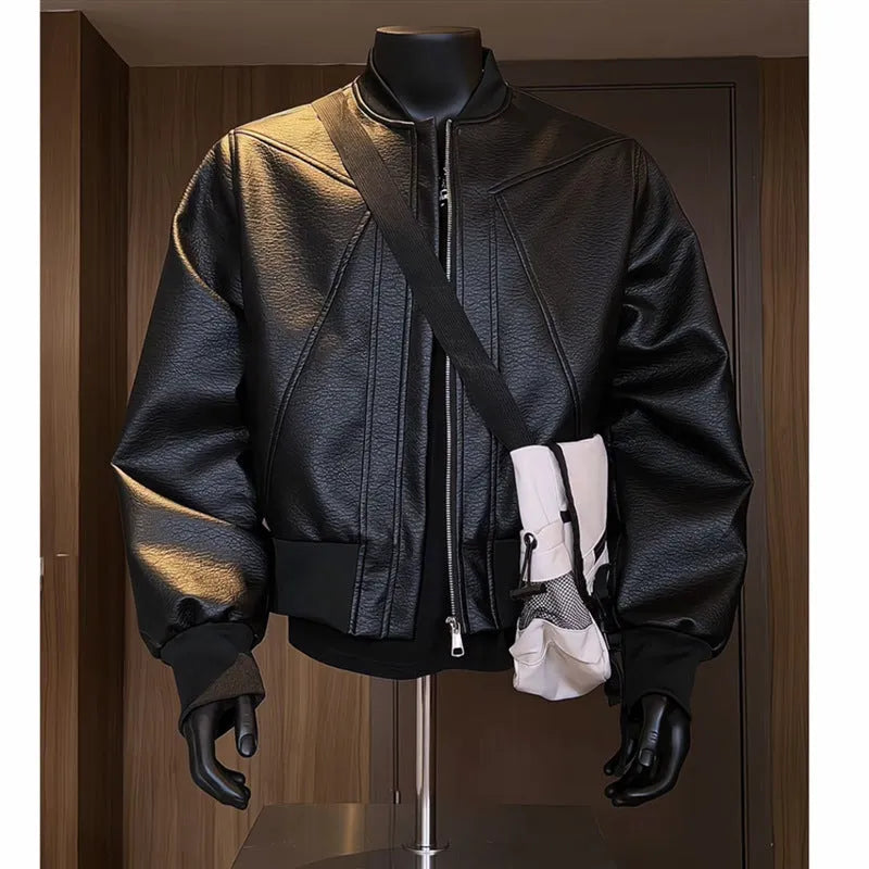 Men's black PU leather jacket with egg white texture and litchi grain pattern, extended 100cm length