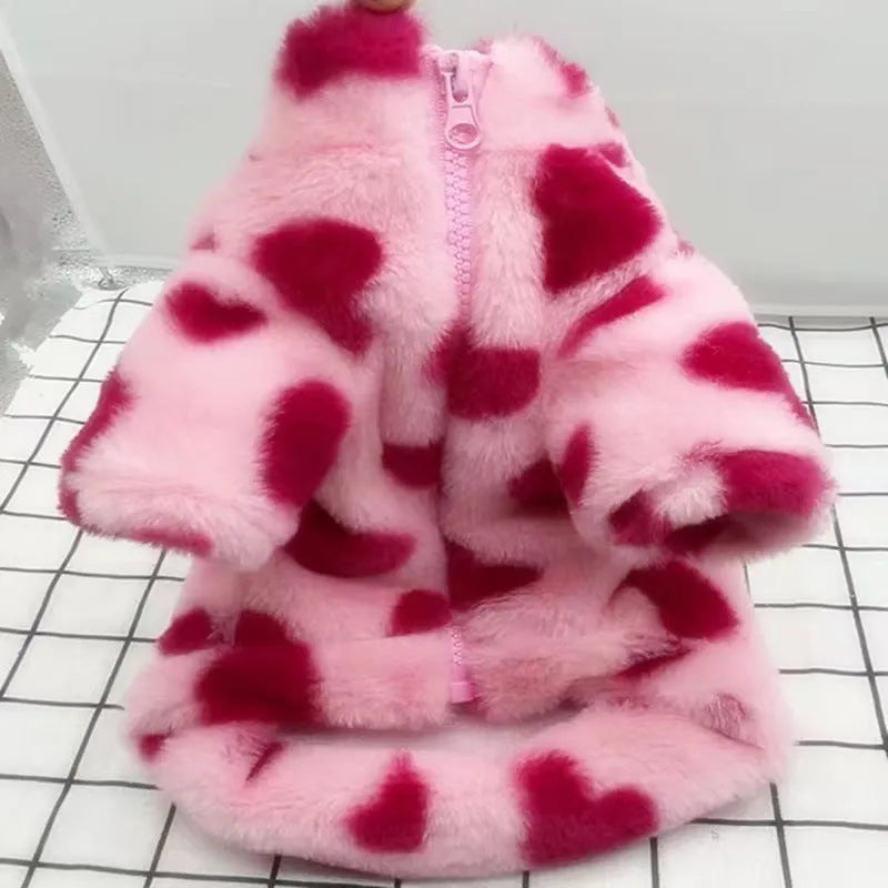 Small dog wearing British style plush warm coat in pink or brown colour