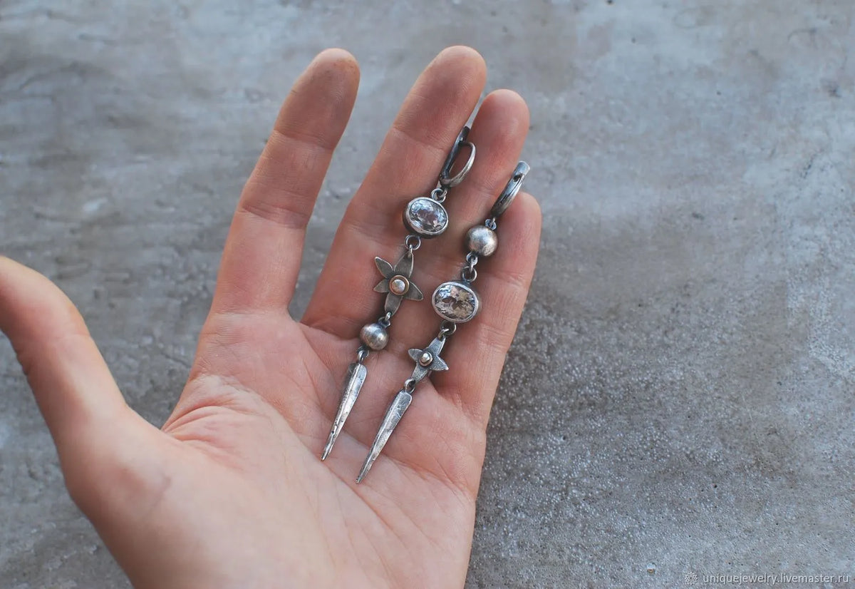 Geometric long pendant earrings with XINGX rhinestone design in antique silver