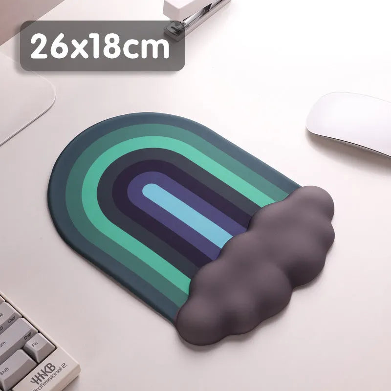 Silicone gel wrist rest mouse pad and keyboard support set in Cloud Rainbow design on a desk
