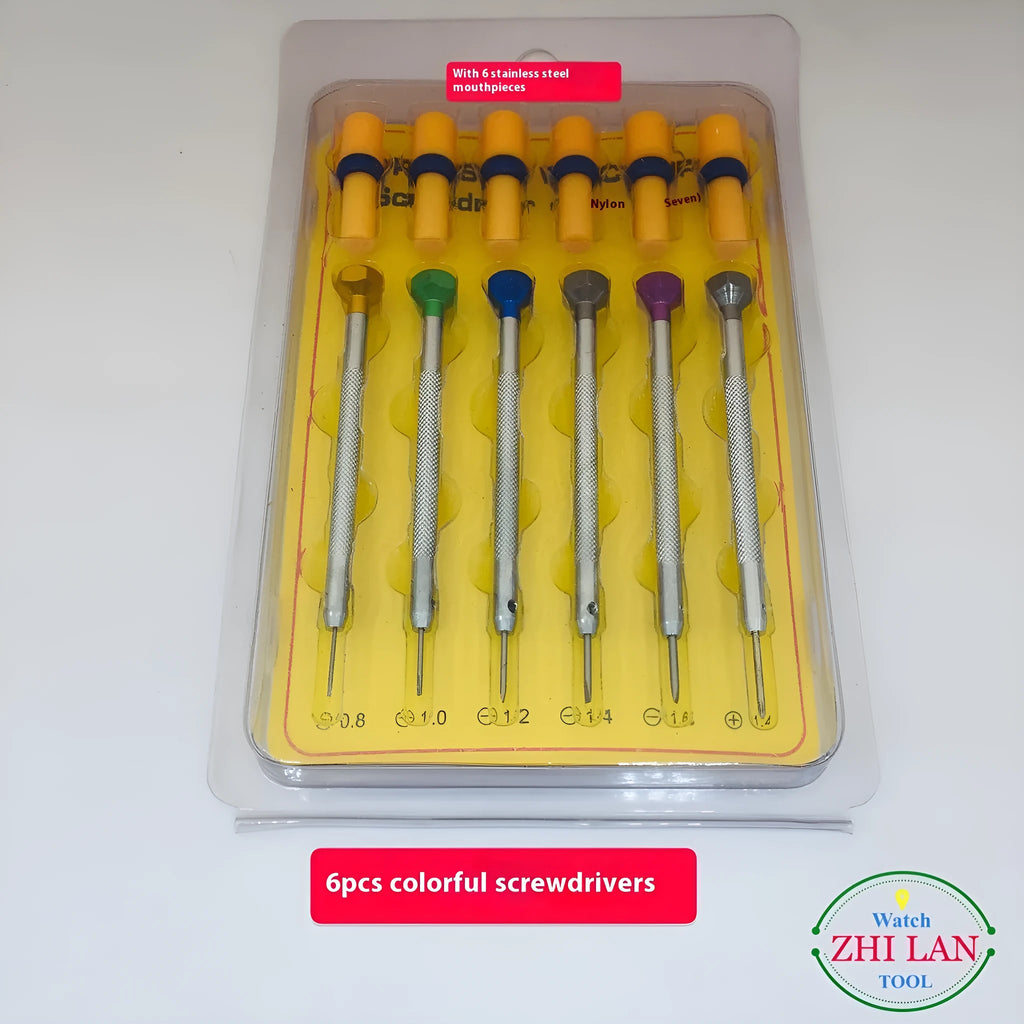 Six coloured aluminium handle screwdrivers for watch repair with spring steel cutter heads