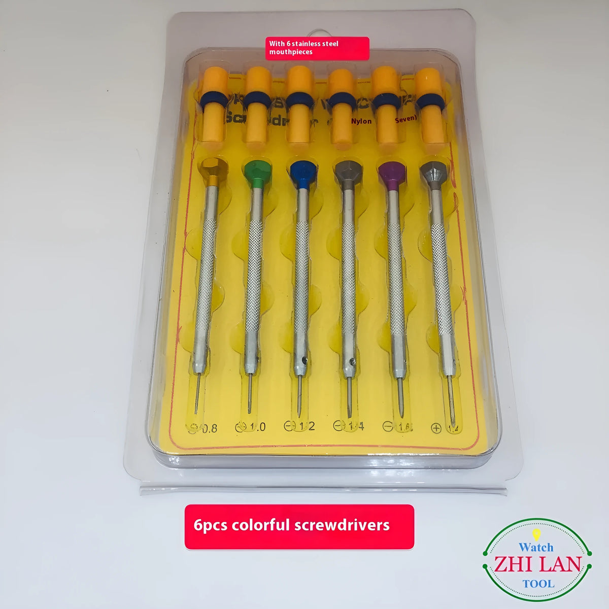 Six coloured aluminium handle screwdrivers for watch repair with spring steel cutter heads