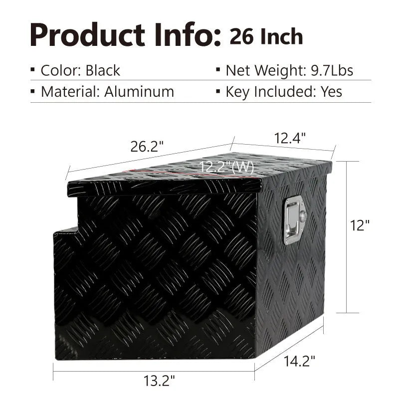26-inch black aluminium alloy toolbox with integrated handle for tool storage