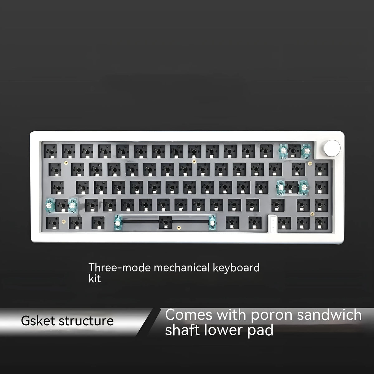 DIY mechanical keyboard kit components showing ABS housing, RGB backlit keys, and colour options