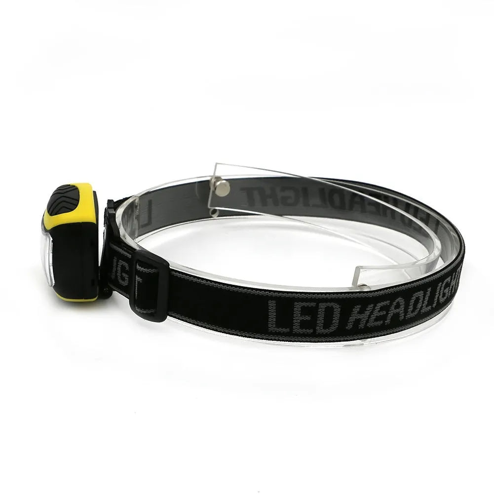Yellow plastic COB LED headlamp with headband, shown with three lighting mode indicators.