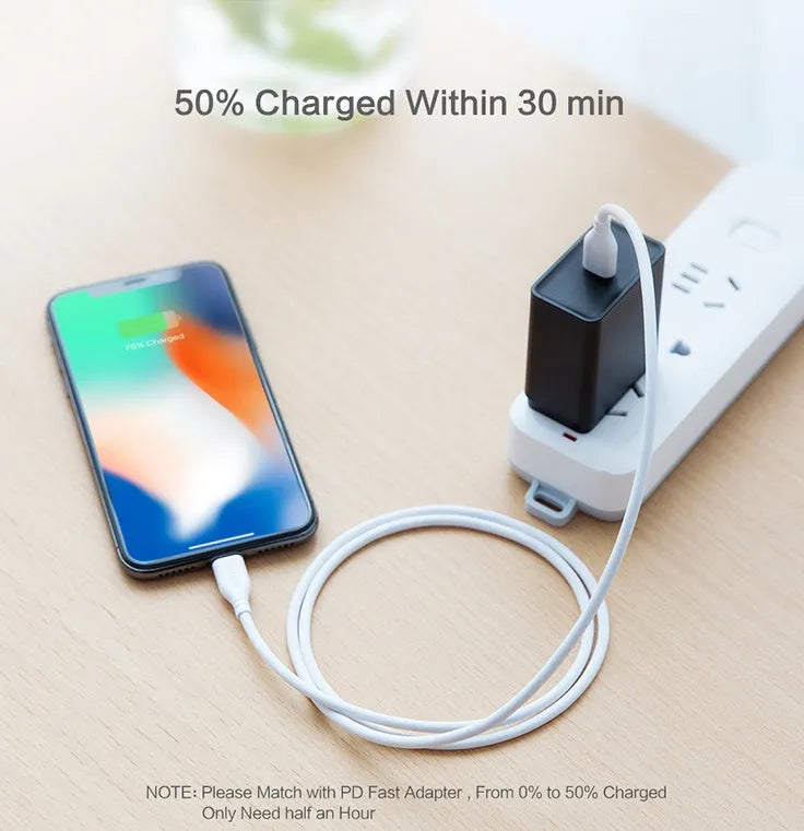 White USB-C to Lightning charging cable for iPhone on a plain background