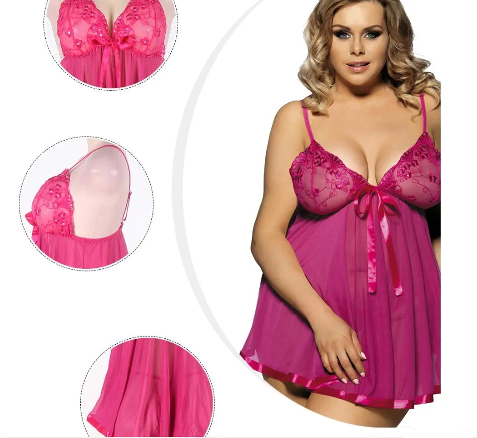 Women's purple lace and mesh lingerie sleepdress on a hanger