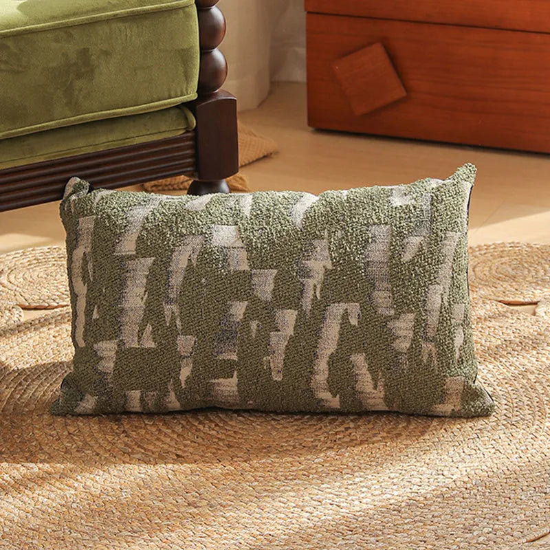 Square Jacquard floral pillow cushion cover in a retro colour, 45cm by 45cm, on a sofa.