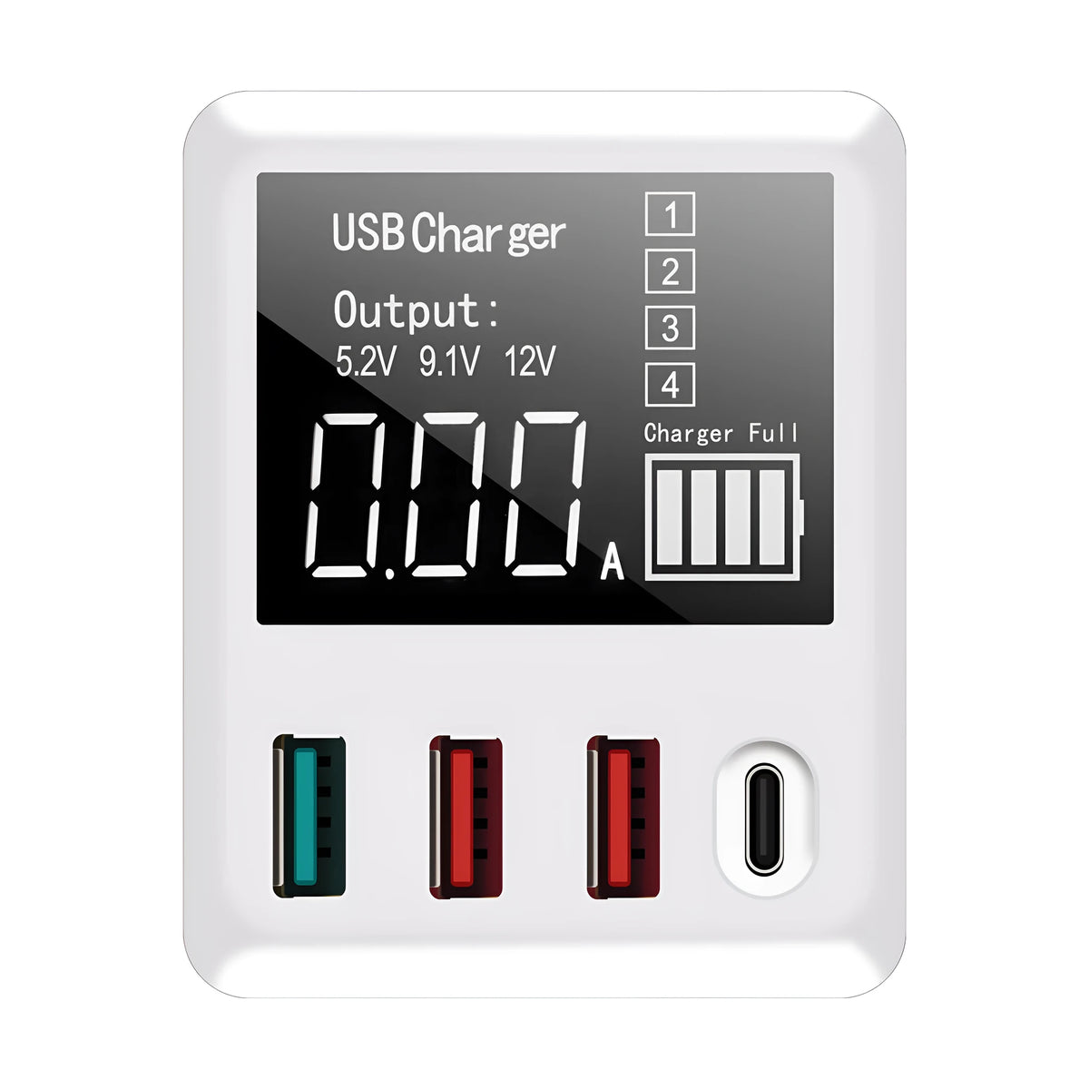White 4-port travel charger with smart display and selectable international plugs including UK US EU AU standards