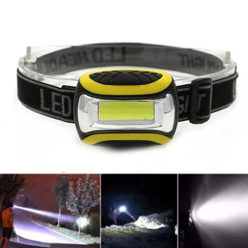 Yellow plastic COB LED headlamp with headband, shown with three lighting mode indicators.