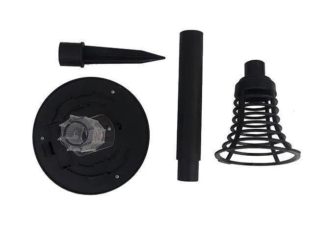 Black solar-powered insect-killing lawn lamp with white and purple LED lights for garden pest control.
