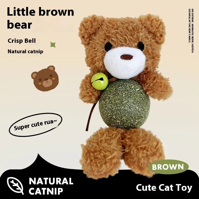 Plush catnip ball toy with bell in brown bear design showing 15cm height and 4cm mint ball