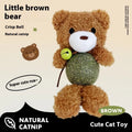 Plush catnip ball toy with bell in brown bear design showing 15cm height and 4cm mint ball