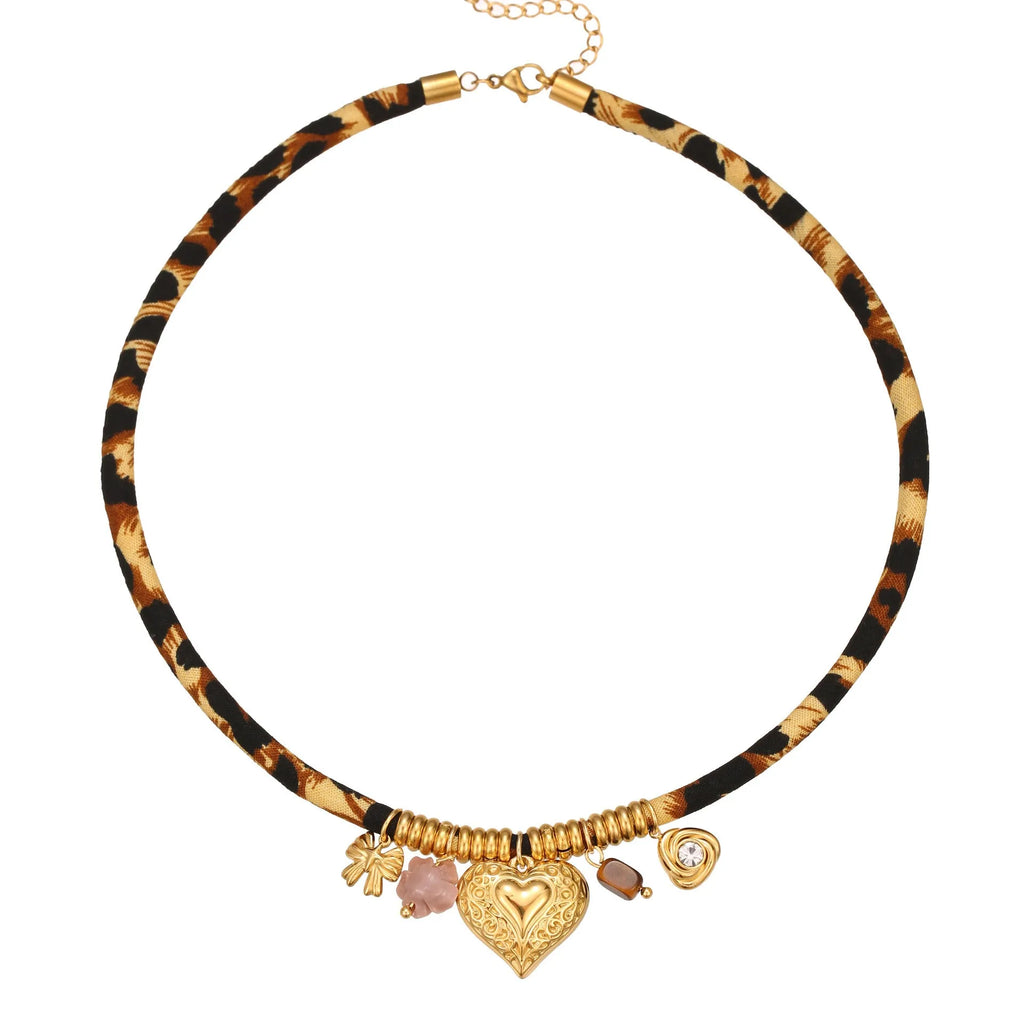 Geometric leopard pattern stainless steel necklace with gold plating on adjustable chain