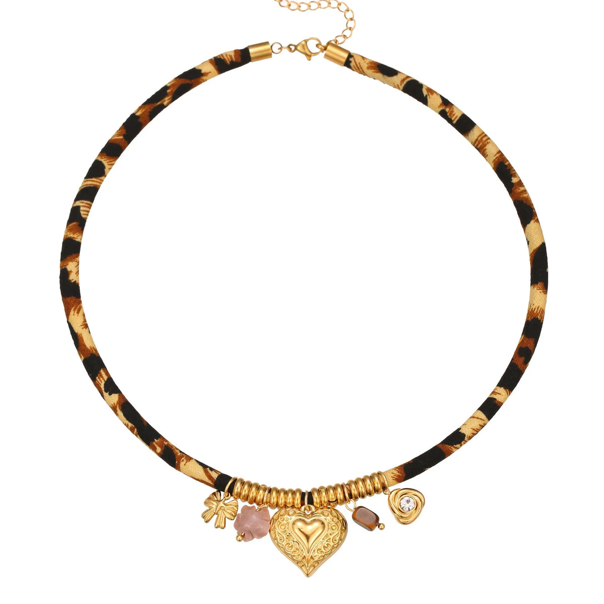 Geometric leopard pattern stainless steel necklace with gold plating on adjustable chain