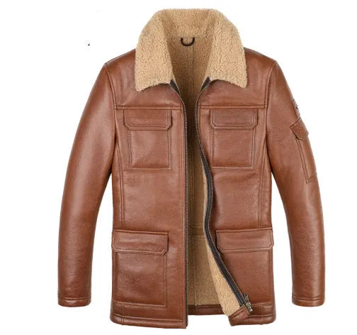 Champagne sheepskin trench coat with lapel collar, midi length, slim fit, and multiple pockets for winter.