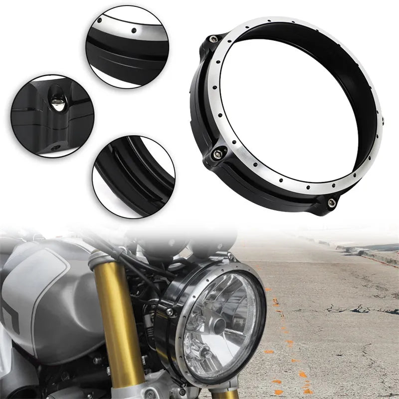 Black aluminium headlight protective cover for BMW R nineT Scrambler motorcycle 2014-2017 models