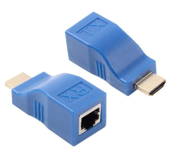 HDMI extender transmitter and receiver pair for long distance 1080p signal transmission over Cat-6 cable.
