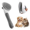 Blue cat grooming brush with a release button and fine wire bristles for pet hair removal