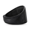 Black self-heating magnetic therapy neck guard with adjustable shoulder strap on a grey background.