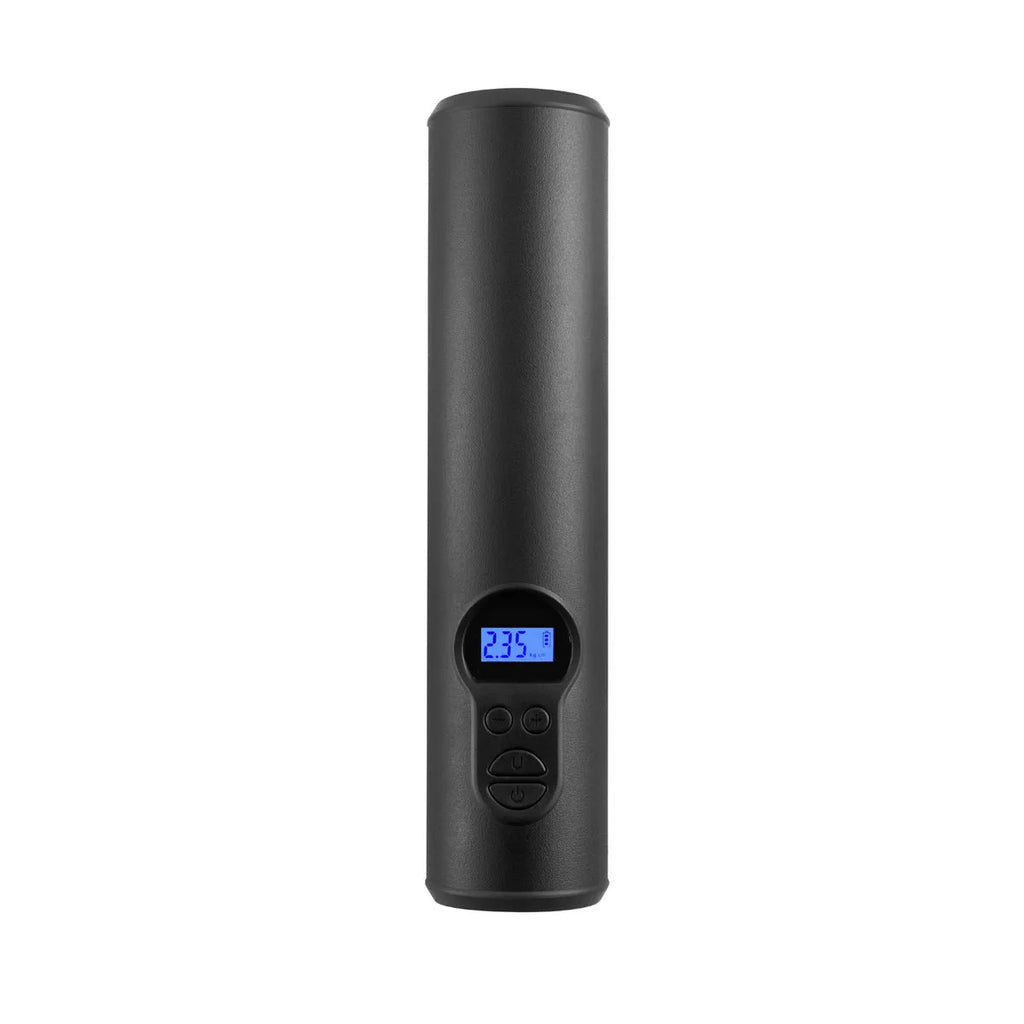 Wireless car tyre inflator with digital display, air hose, and four nozzle attachments on black background