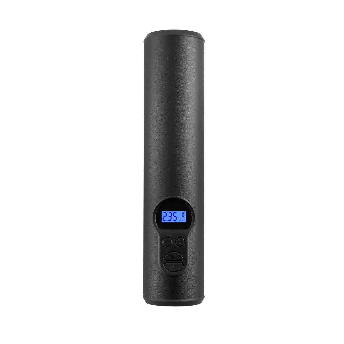 Wireless car tyre inflator with digital display, air hose, and four nozzle attachments on black background