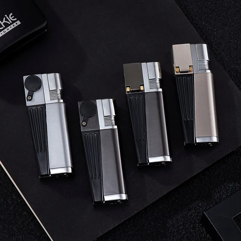 Metal folding pipe lighter with stash compartment in silver finish, showing open and closed positions