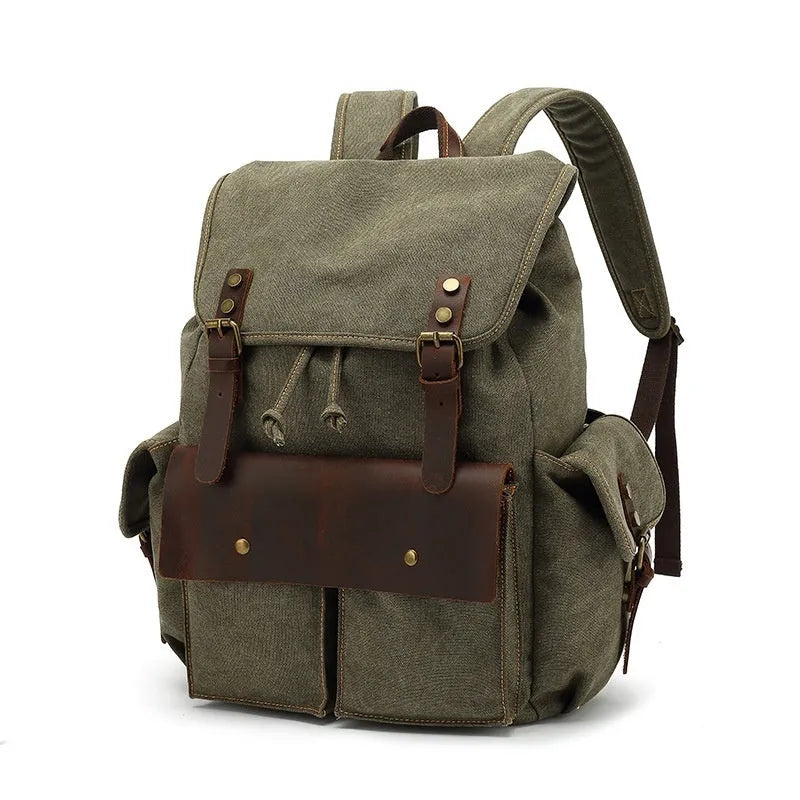 Retro polyester cotton canvas backpack in military green with antique bronze hardware, showing front and side view.