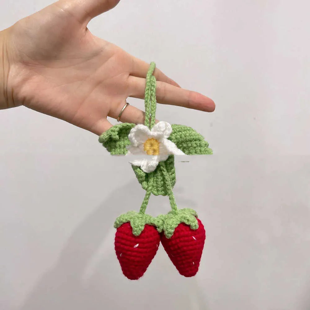 Handmade strawberry car pendant woven from cotton and hemp materials