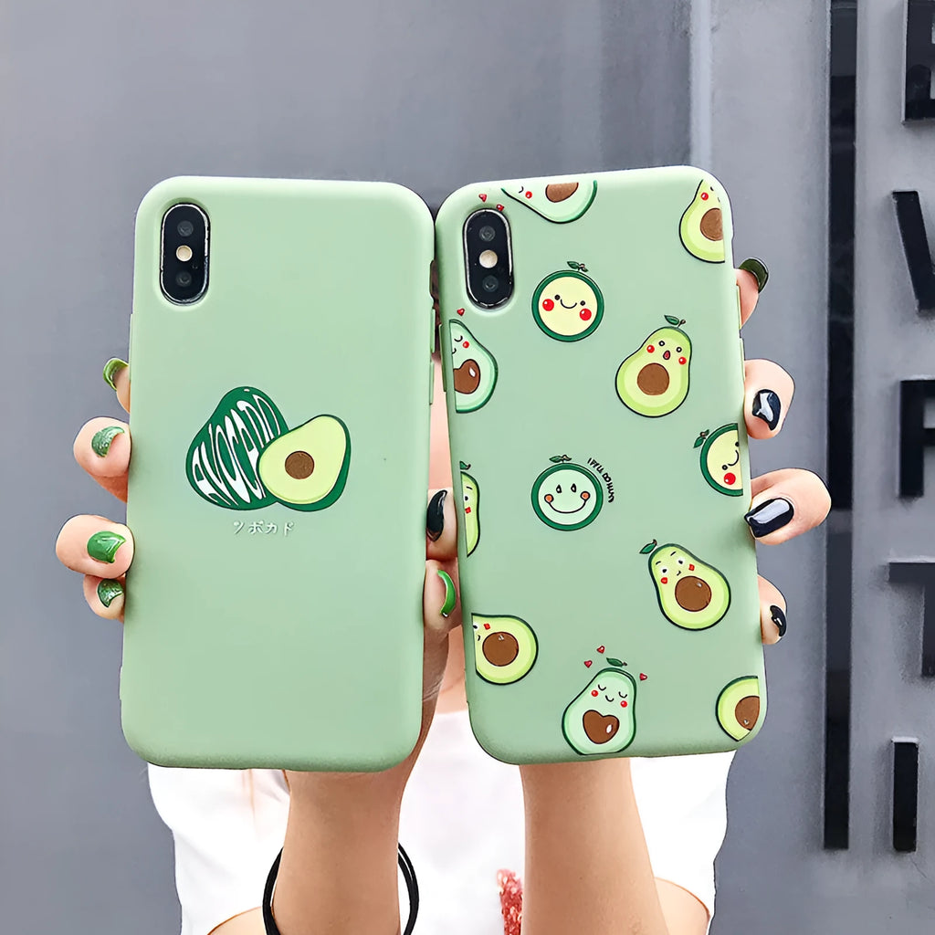 Avocado cartoon design on a green TPU smartphone back cover case.