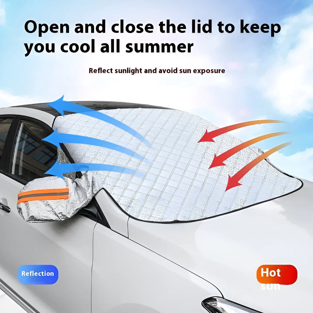 Aluminium foil car windscreen cover with edge reflective stripes for SUV frost protection.