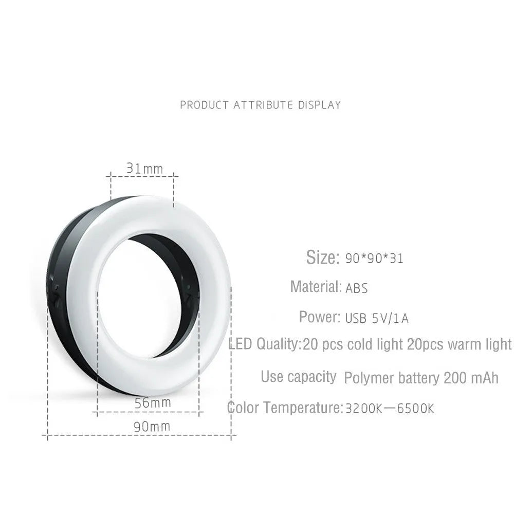 Black USB selfie ring light for mobile phone photography with adjustable brightness