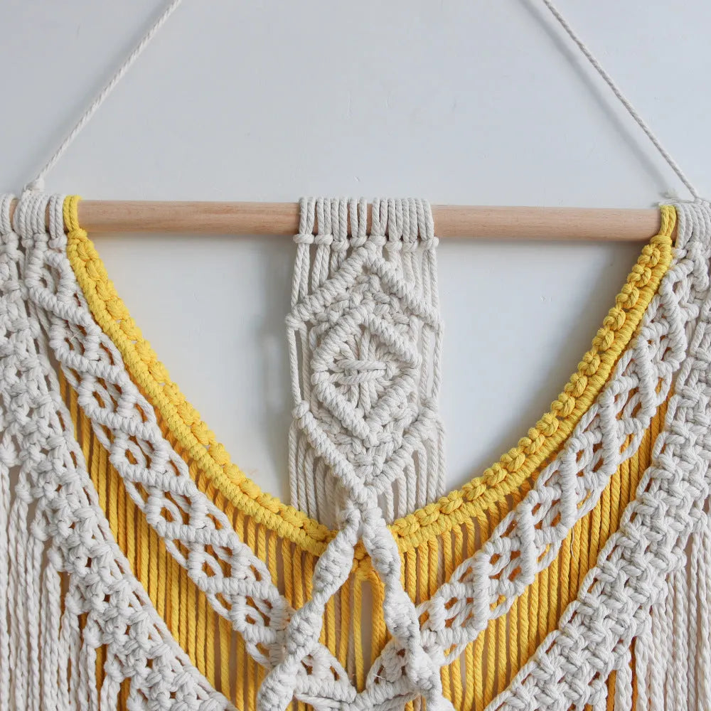 Nordic style hand-woven cotton tapestry with creamy-white background and yellow accents, 120x95cm