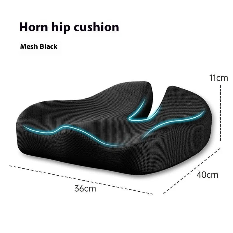 A dark grey memory foam office chair cushion measuring 36x40x11cm for lumbar support.