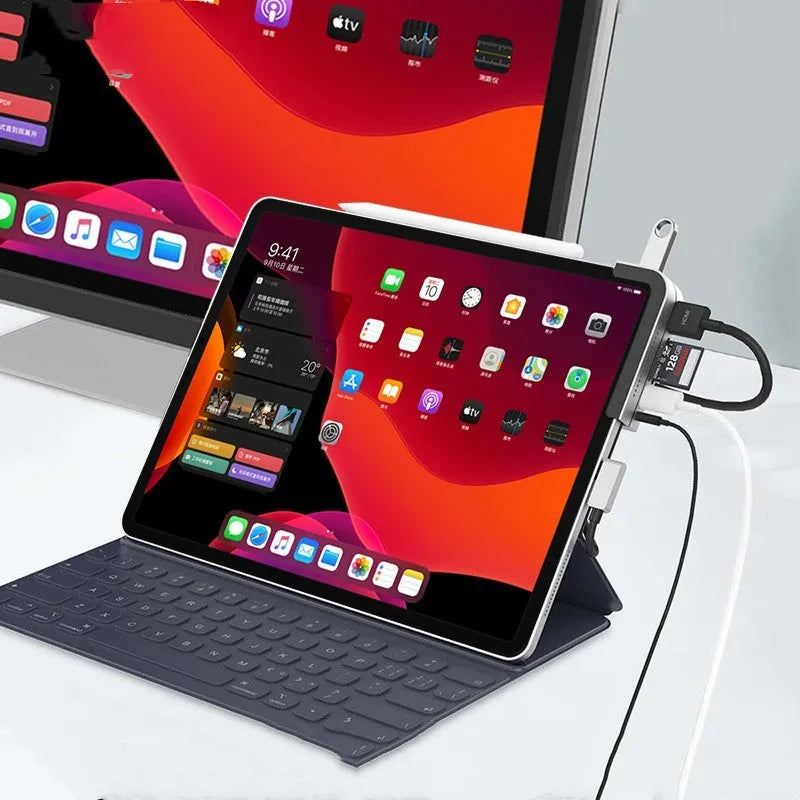 Silver aluminium grey USB-C 6-in-1 docking station for iPad Pro 2018 and 2020 models