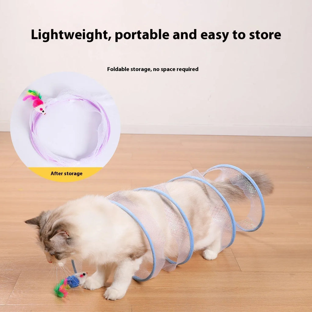 S-type cat tunnel toy with steel wire frame, elastic net, and feather attachments