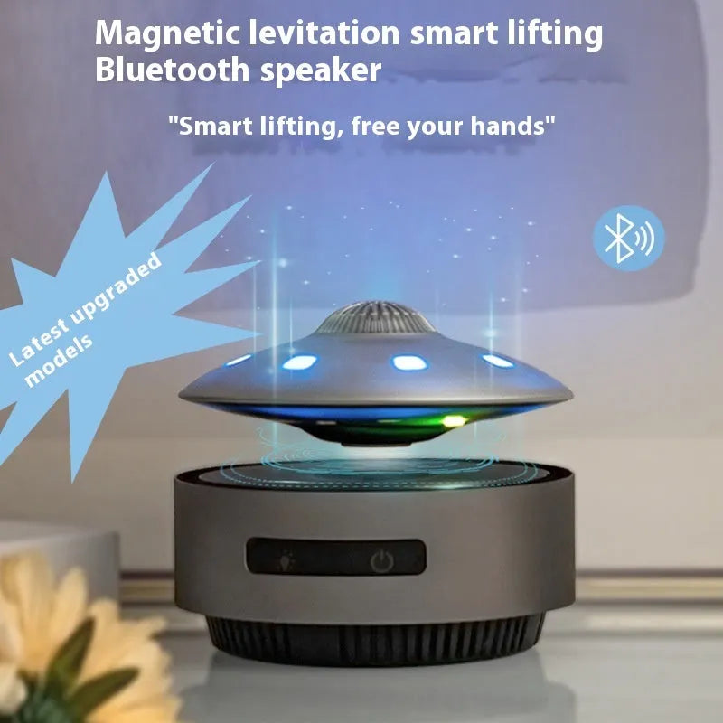 Magnetic levitation Bluetooth speaker hovering above its base in automatic lifting audio colour.